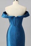 Sparkly Dark Blue Off the Shoulder Satin Mermaid Long Corset Prom Dress with Beading