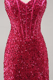 Sparkly Fuchsia Corset Tight Short Sequins Homecoming Dress