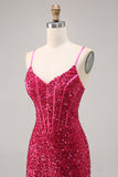 Sparkly Fuchsia Corset Tight Short Sequins Homecoming Dress