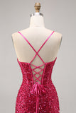Sparkly Fuchsia Corset Tight Short Sequins Homecoming Dress