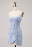 Sparkly Grey Blue Corset Tight Short Homecoming Dress with Sequins