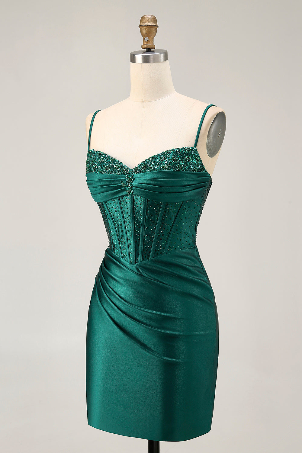 Zapakasa Women Sparkly Dark Green Corset Short Satin Homecoming Dress with Beading Tight Spaghetti Straps Lace Up Back Ruched Cocktail Dress Zapakasa Women Sparkly Dark Green Corset Short Satin Homecoming Dress with Beading Tight Spaghetti Straps Lace Up Back Ruched Cocktail Dress