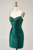 Sparkly Dark Green Corset Tight Short Satin Homecoming Dress with Beading