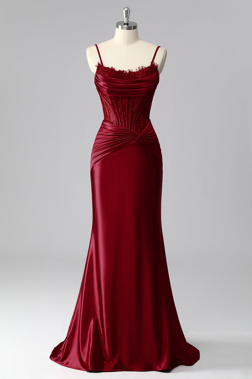 Burgundy Spaghetti Straps Satin Mermaid Long Corset Prom Dress with Lace