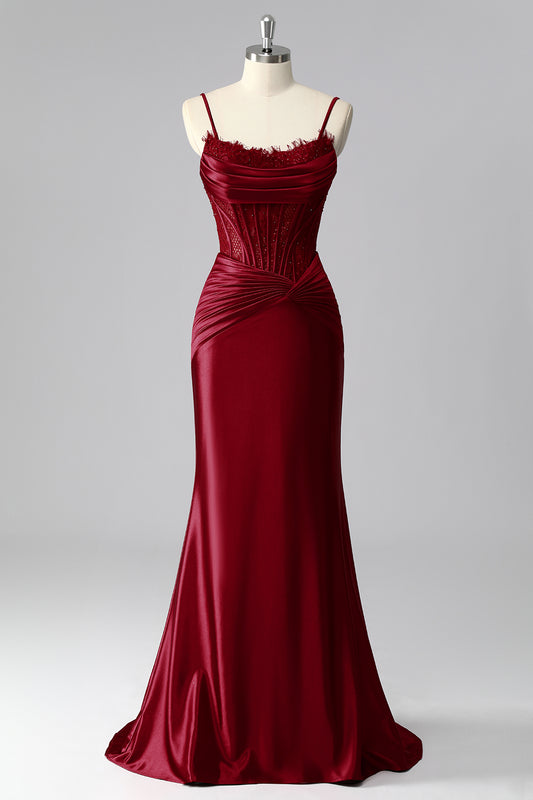 Burgundy Spaghetti Straps Satin Mermaid Long Corset Prom Dress with Lace