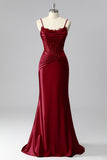 Burgundy Spaghetti Straps Satin Mermaid Long Corset Prom Dress with Lace