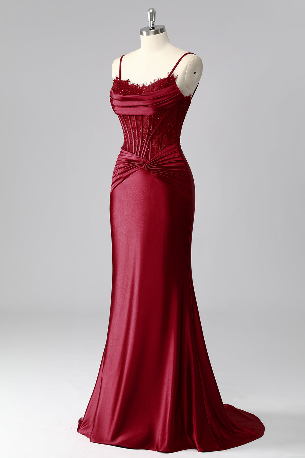 Burgundy Spaghetti Straps Satin Mermaid Long Corset Prom Dress with Lace