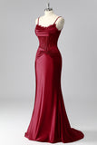 Burgundy Spaghetti Straps Satin Mermaid Long Corset Prom Dress with Lace