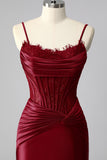 Burgundy Spaghetti Straps Satin Mermaid Long Corset Prom Dress with Lace