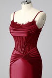 Burgundy Spaghetti Straps Satin Mermaid Long Corset Prom Dress with Lace