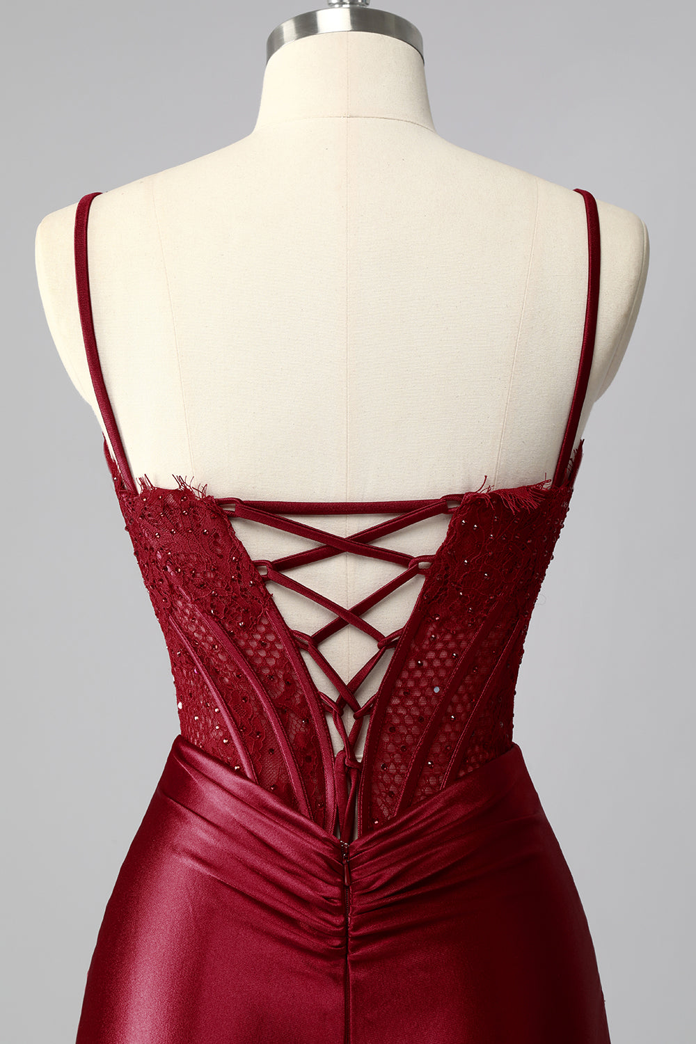 Burgundy Spaghetti Straps Satin Mermaid Long Corset Prom Dress with Lace