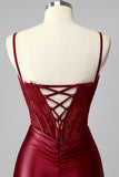 Burgundy Spaghetti Straps Satin Mermaid Long Corset Prom Dress with Lace