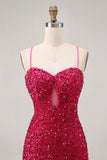 Sparkly Fuchsia Sequin Tight Spaghetti Straps Short Homecoming Dress