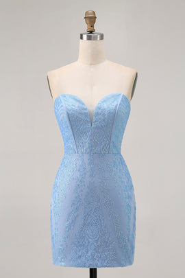 Sparkly Blue Corset Tight Strapless Short Homecoming Dress with Sequins