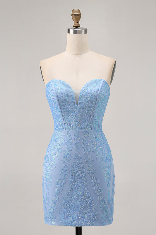 Sparkly Blue Corset Tight Strapless Short Homecoming Dress with Sequins