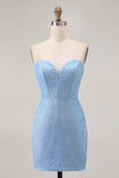 Sparkly Blue Corset Tight Strapless Short Homecoming Dress with Sequins