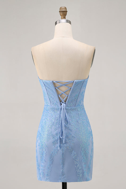 Sparkly Blue Corset Tight Strapless Short Homecoming Dress with Sequins