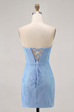 Sparkly Blue Corset Tight Strapless Short Homecoming Dress with Sequins