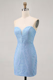 Sparkly Blue Corset Tight Strapless Short Homecoming Dress with Sequins