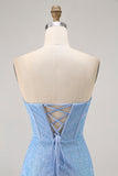 Sparkly Blue Corset Tight Strapless Short Homecoming Dress with Sequins