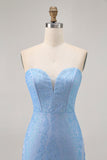 Sparkly Blue Corset Tight Strapless Short Homecoming Dress with Sequins