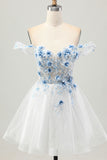 Sparkly White Blue Flower Corset Short Homecoming Dress with Beading