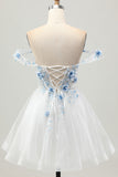 Sparkly White Blue Flower Corset Short Homecoming Dress with Beading