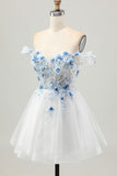 Sparkly White Blue Flower Corset Short Homecoming Dress with Beading
