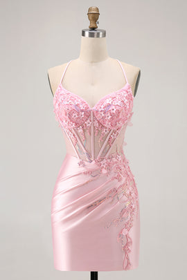 Candy Pink Floral Tight Short Corset Homecoming Dress