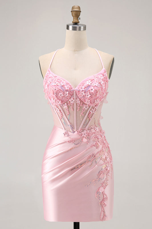 Candy Pink Floral Tight Short Corset Homecoming Dress