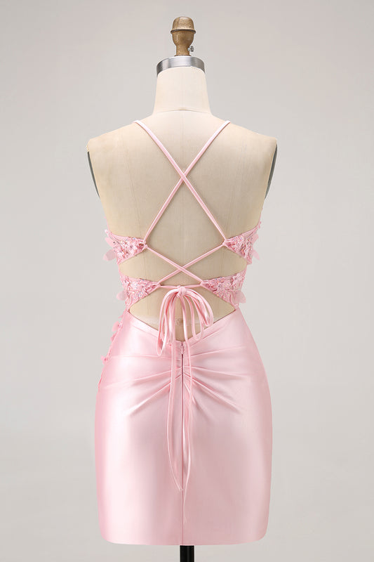Candy Pink Floral Tight Short Corset Homecoming Dress