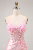 Candy Pink Floral Tight Short Corset Homecoming Dress