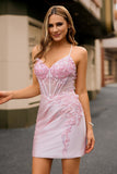 Candy Pink Corset Floral Tight Short Homecoming Dress