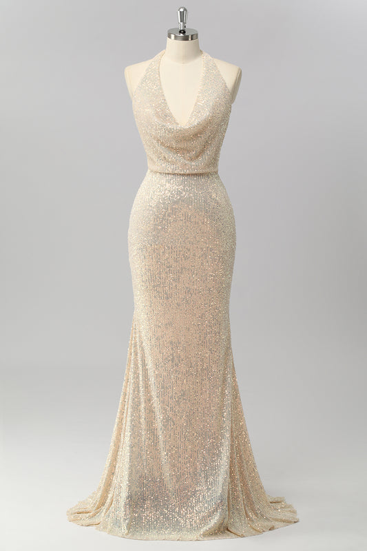 Sparkly Apricot Halter Sequin Mermaid Backless Long Prom Dress