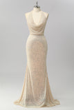 Sparkly Apricot Halter Sequin Mermaid Backless Long Prom Dress