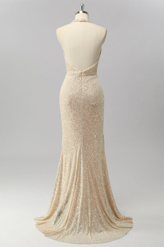 Sparkly Apricot Halter Sequin Mermaid Backless Long Prom Dress