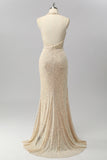 Sparkly Apricot Halter Sequin Mermaid Backless Long Prom Dress