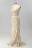 Sparkly Apricot Halter Sequin Mermaid Backless Long Prom Dress