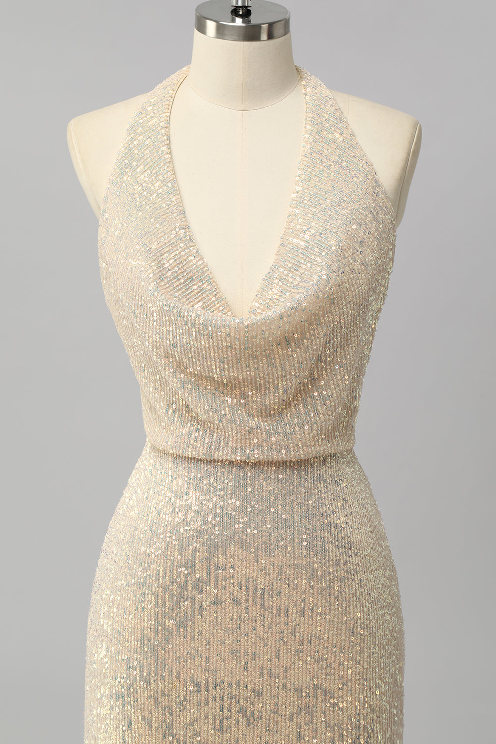 Sparkly Apricot Halter Sequin Mermaid Backless Long Prom Dress