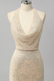 Sparkly Apricot Halter Sequin Mermaid Backless Long Prom Dress