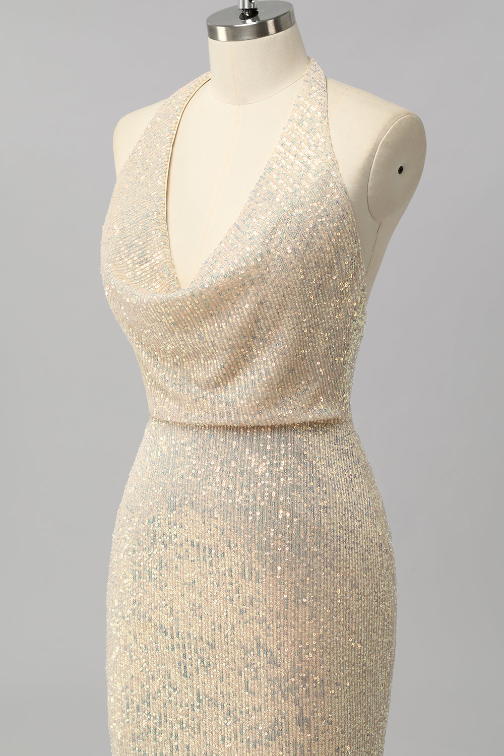 Sparkly Apricot Halter Sequin Mermaid Backless Long Prom Dress