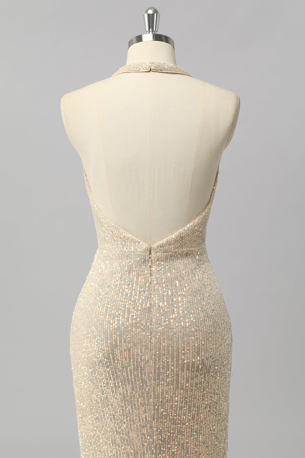 Sparkly Apricot Halter Sequin Mermaid Backless Long Prom Dress