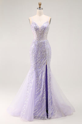 Sparkly Purple Sequins Corset Mermaid Long Prom Dress with Slit