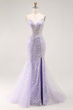Sparkly Purple Sequins Corset Mermaid Long Prom Dress with Slit