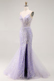 Sparkly Purple Sequins Corset Mermaid Long Prom Dress with Slit