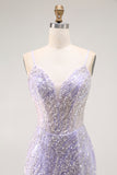 Sparkly Purple Sequins Corset Mermaid Long Prom Dress with Slit