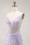 Sparkly Purple Sequins Corset Mermaid Long Prom Dress with Slit