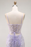 Sparkly Purple Sequins Corset Mermaid Long Prom Dress with Slit