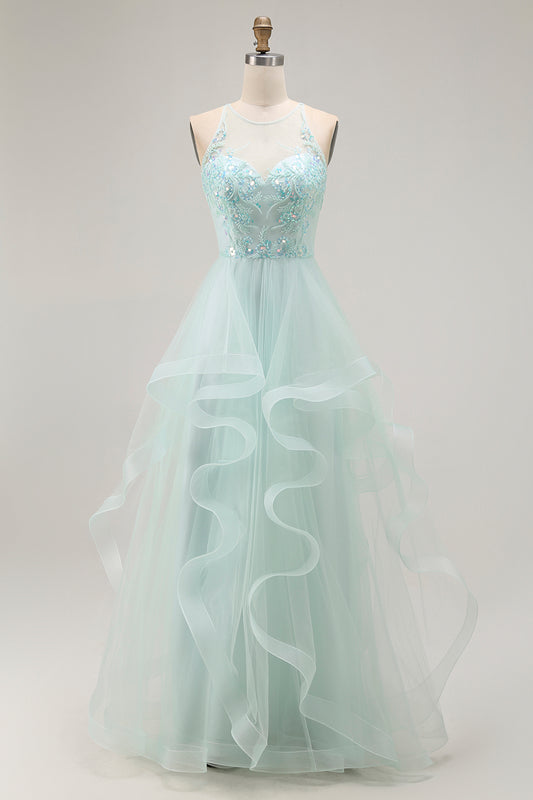 Sparkly Light Green A Line Ruffled Long Prom Dress with Beading