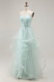 Sparkly Light Green A Line Ruffled Long Prom Dress with Beading